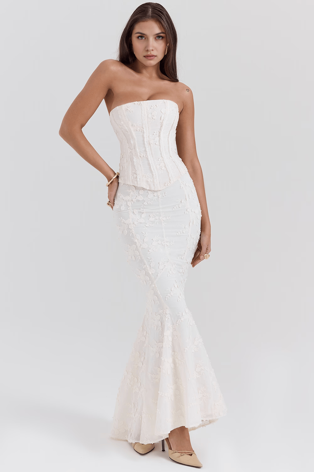 ETERNAL BLOOM | Vestido midi de encaje floral de 2 piezas con corsé