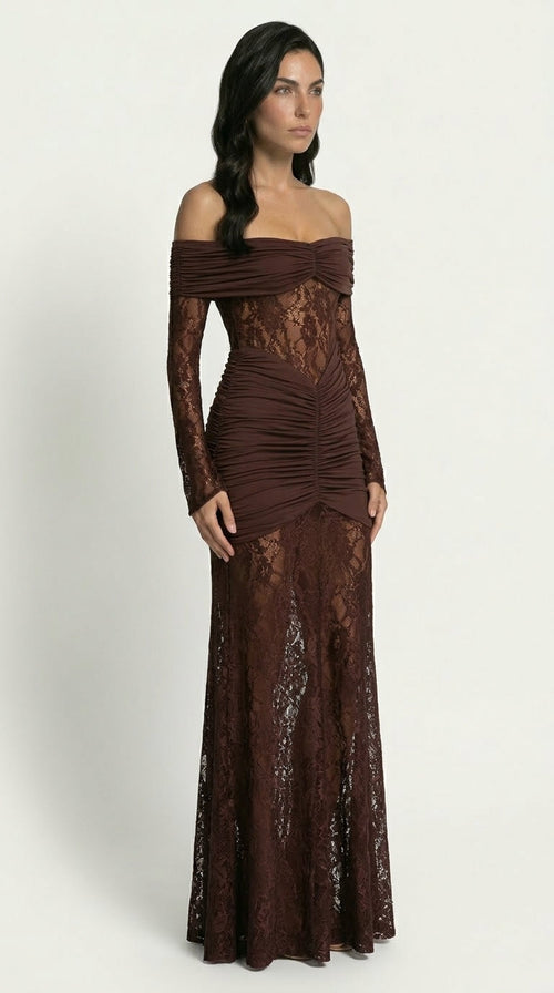 Bruma Vestido Maxi de Encaje con Ruches sin Tirantes