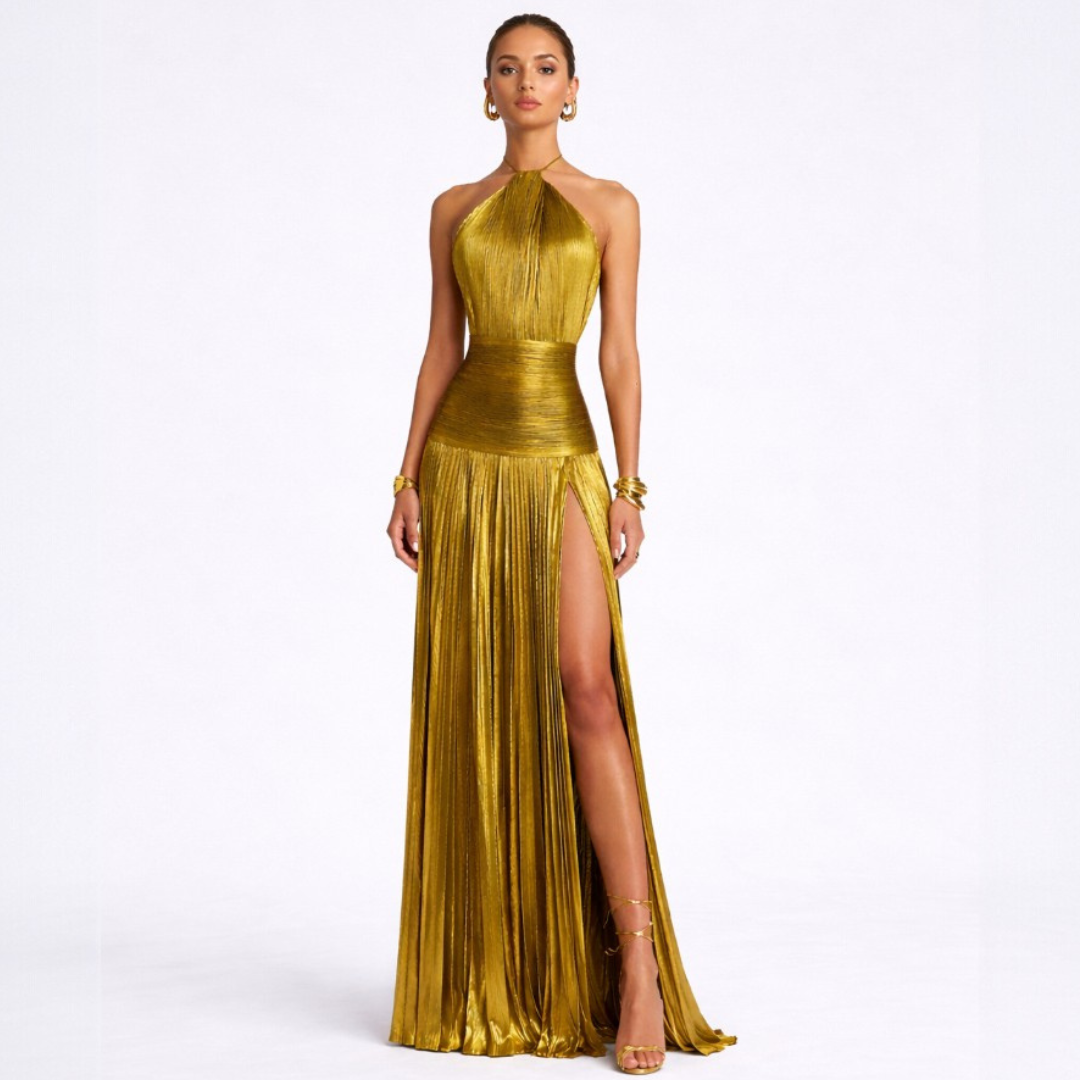 Emma - Vestido halter con espalda descubierta metalizado
