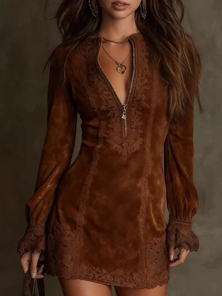 Margot | Vestido Corto Efecto Ante con Encaje