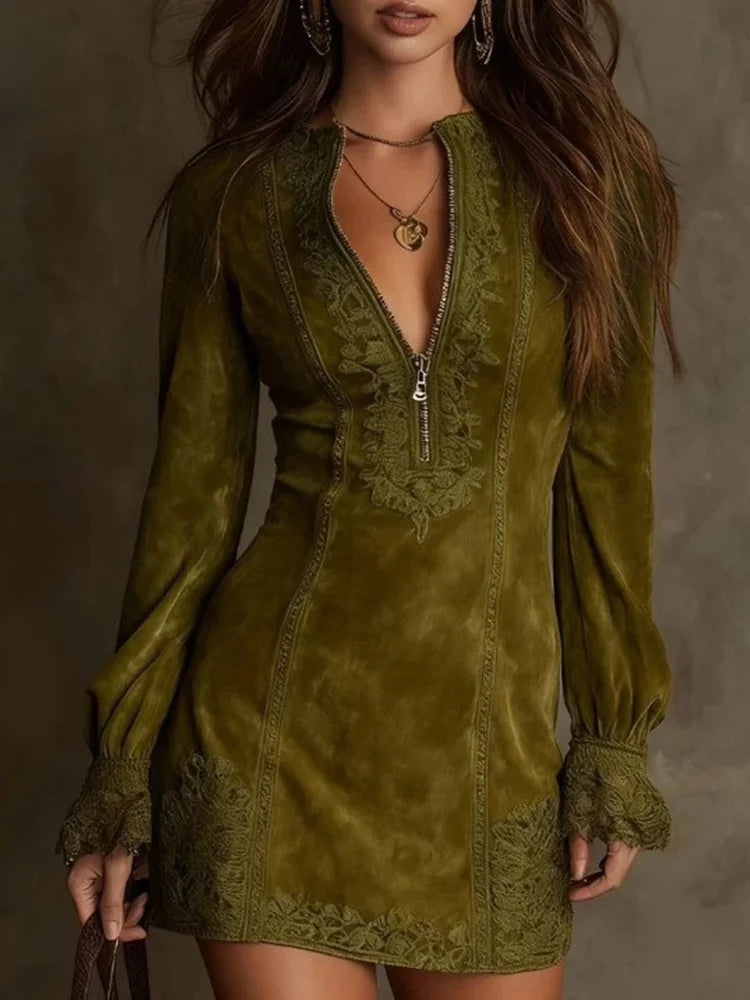 Margot | Vestido Corto Efecto Ante con Encaje