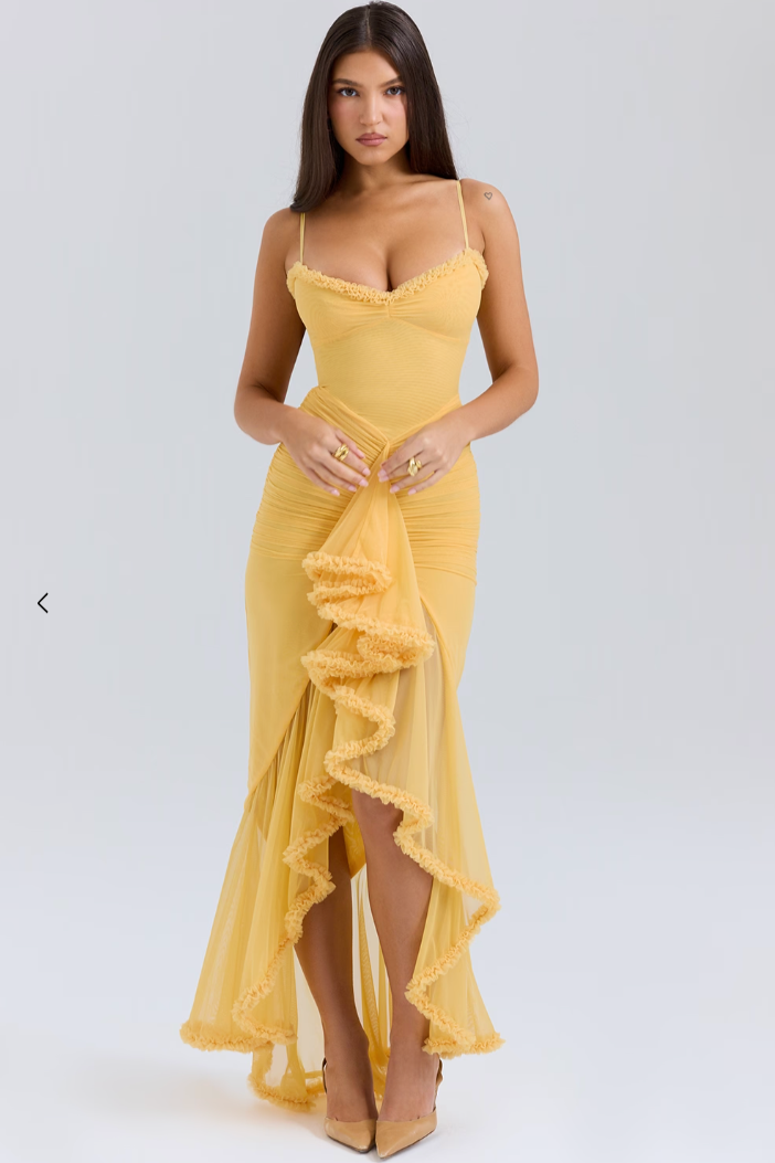 EDITH | Vestido Largo de Tirantes con Abertura y Volantes