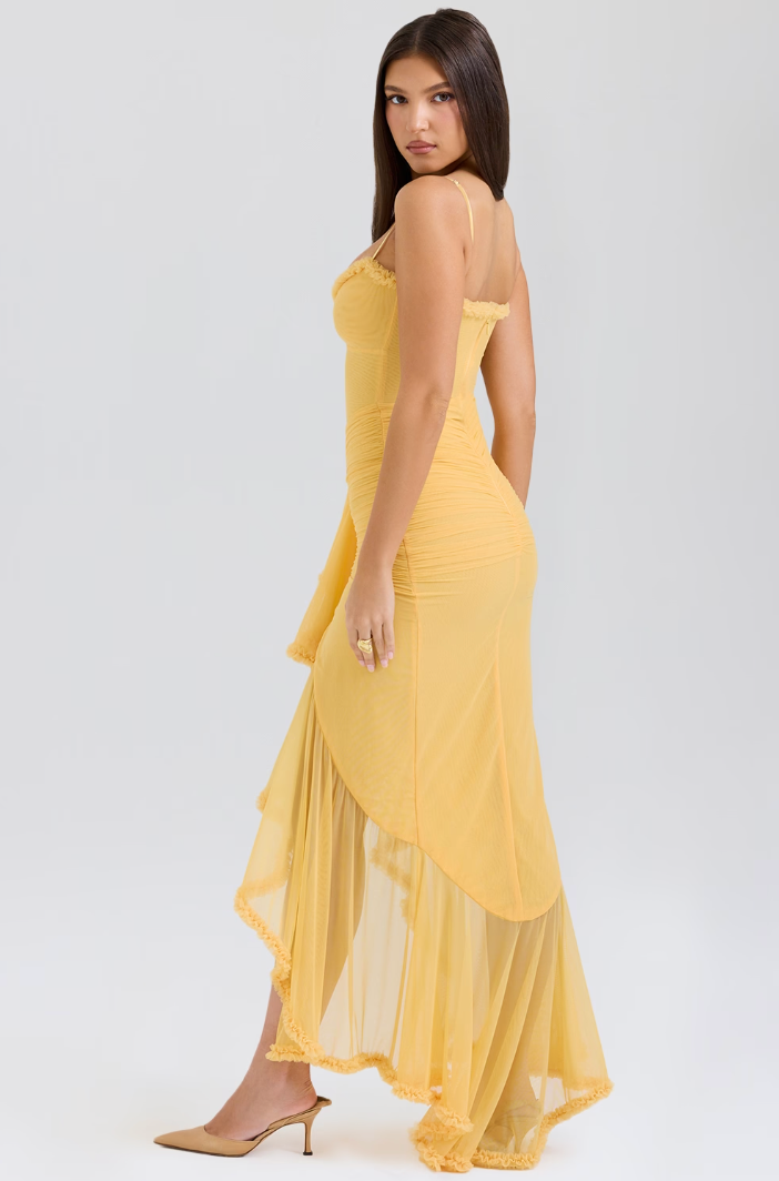 EDITH | Vestido Largo de Tirantes con Abertura y Volantes