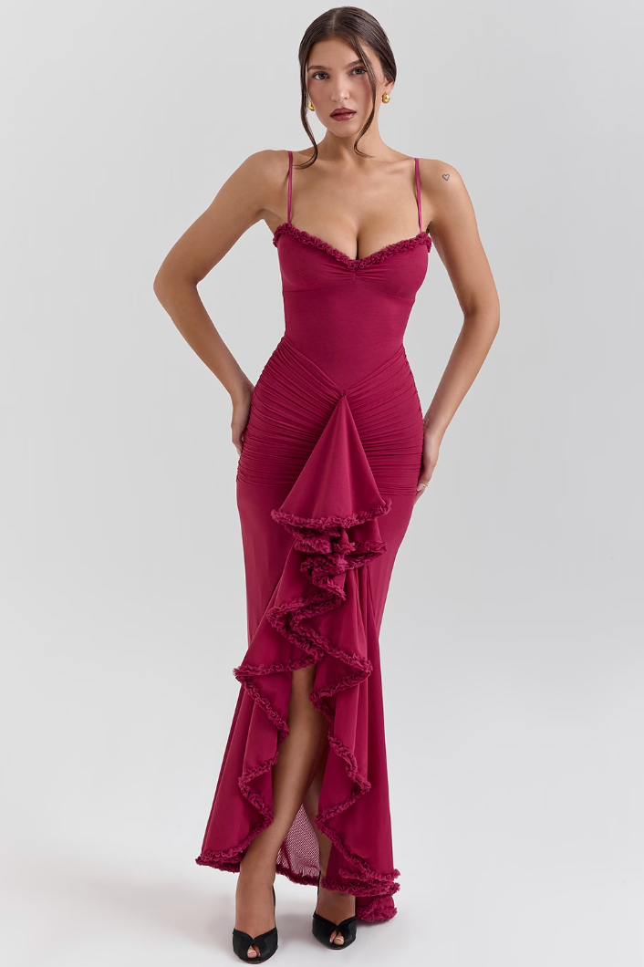 EDITH | Vestido Largo de Tirantes con Abertura y Volantes
