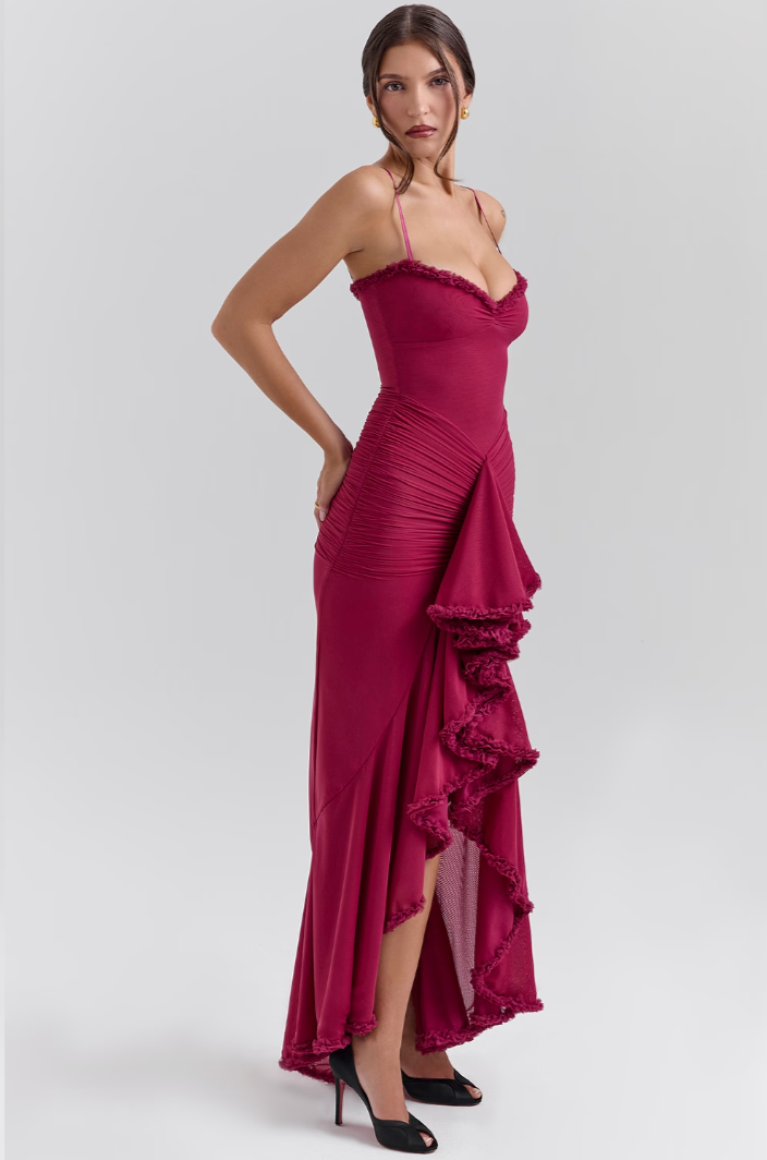 EDITH | Vestido Largo de Tirantes con Abertura y Volantes