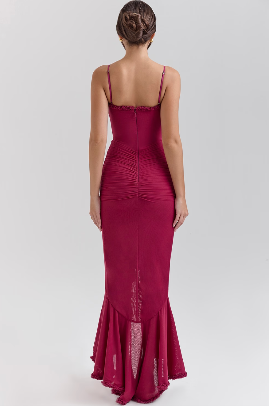 EDITH | Vestido Largo de Tirantes con Abertura y Volantes