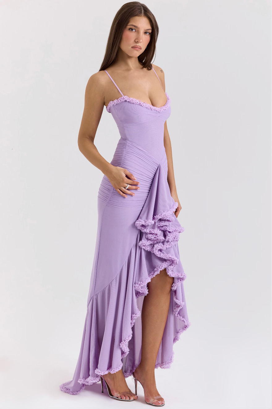 EDITH | Vestido Largo de Tirantes con Abertura y Volantes