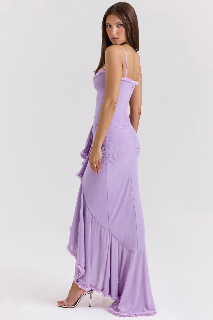 EDITH | Vestido Largo de Tirantes con Abertura y Volantes