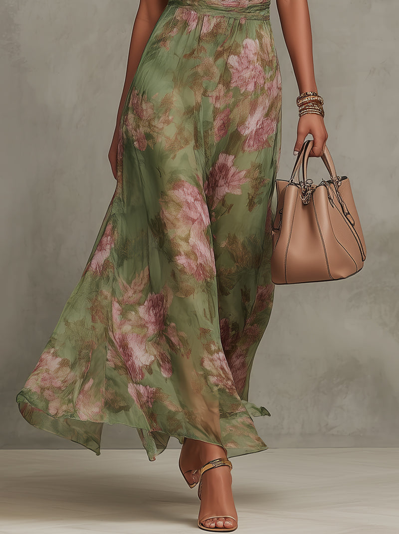 Serena ™ Vestido largo verde floral en chiffon con escote halter