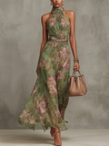 Serena ™ Vestido largo verde floral en chiffon con escote halter