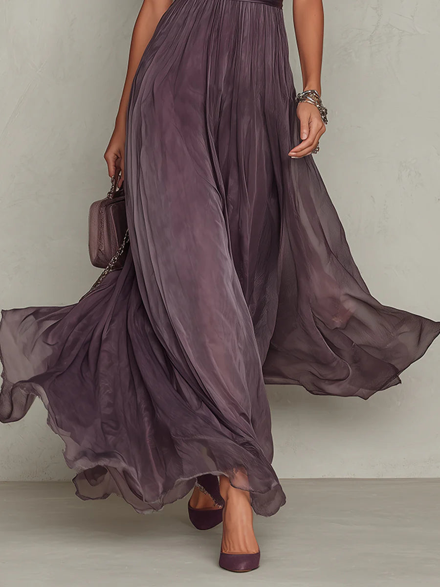 Flavia | Vestido largo violeta con escote de lágrima y borde de encaje de chiffon