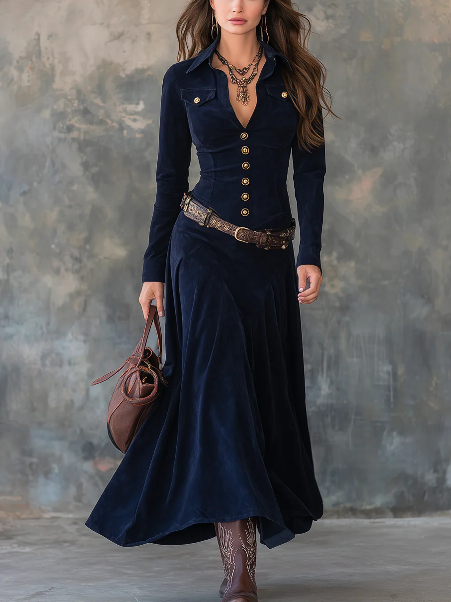 Valeria | Vestido Largo Efecto Ante de Lujo con Cinturón