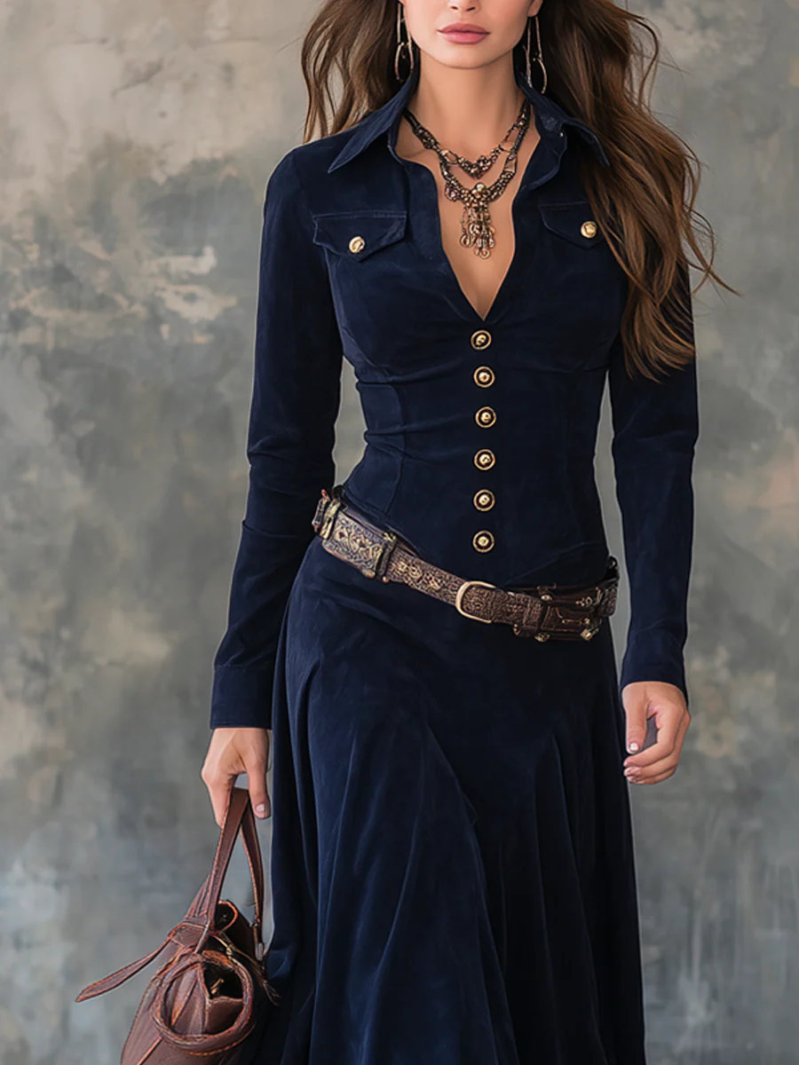 Valeria | Vestido Largo Efecto Ante de Lujo con Cinturón