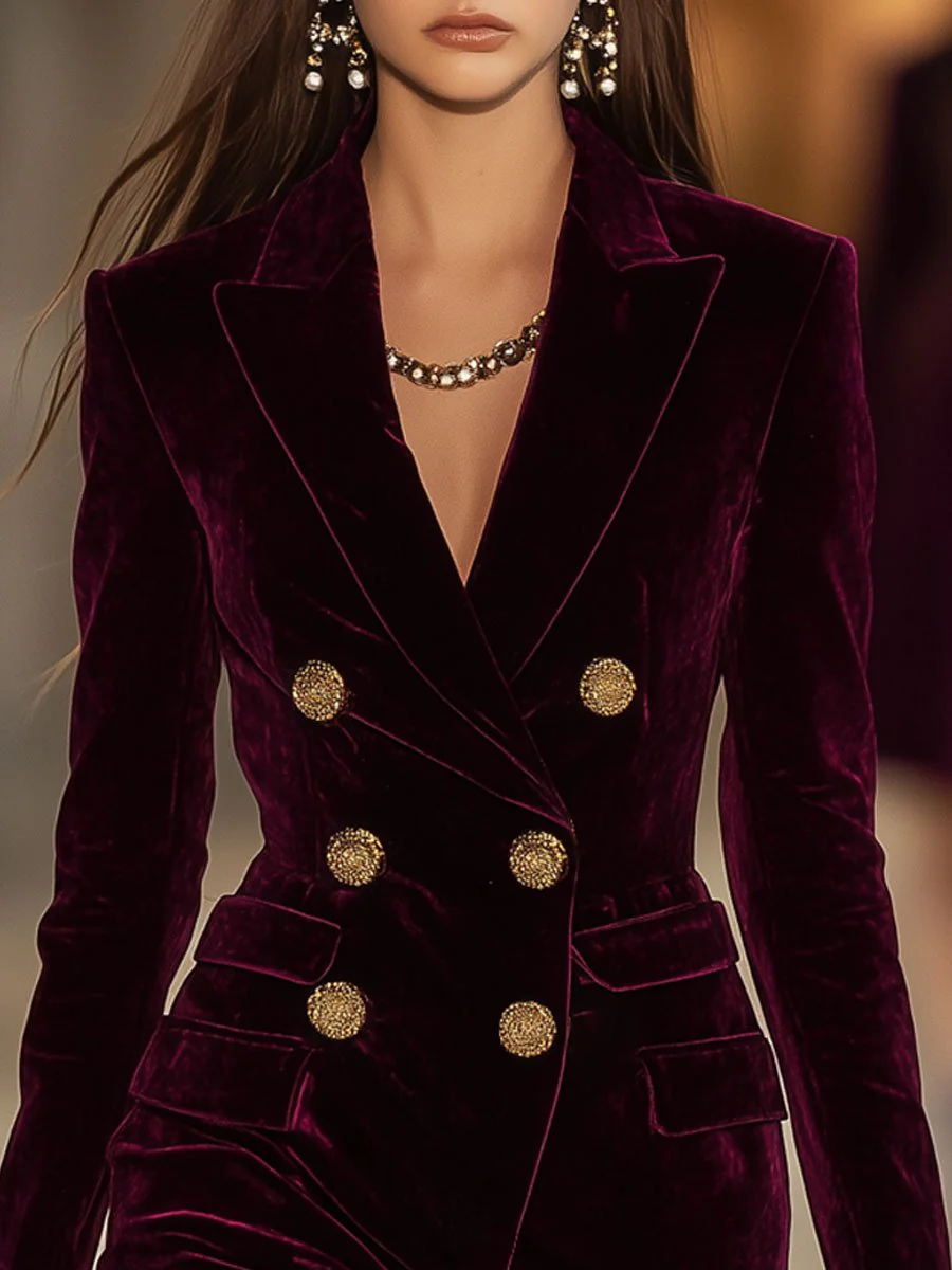 Isabelle | Vestido Blazer de Terciopelo con Botones Dorados