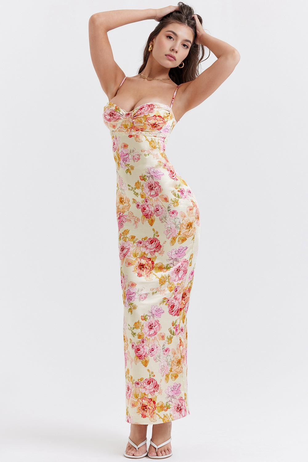 FIORELLA | Vestido Bloom de Satén Floral con Encaje