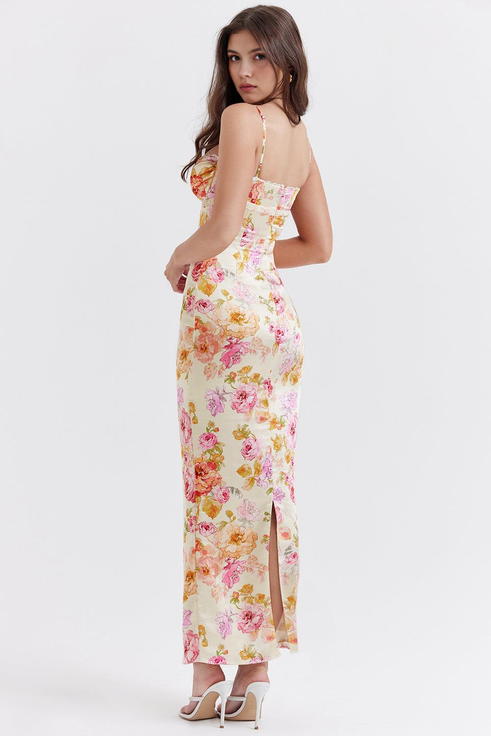 FIORELLA | Vestido Bloom de Satén Floral con Encaje