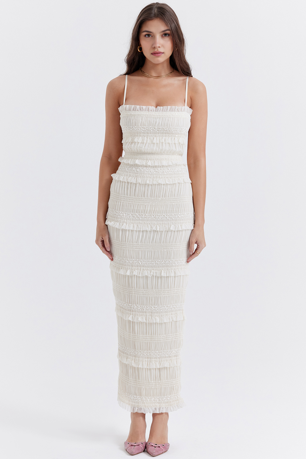 SOLARA | Vestido Maxi de Lentejuelas con Volantes