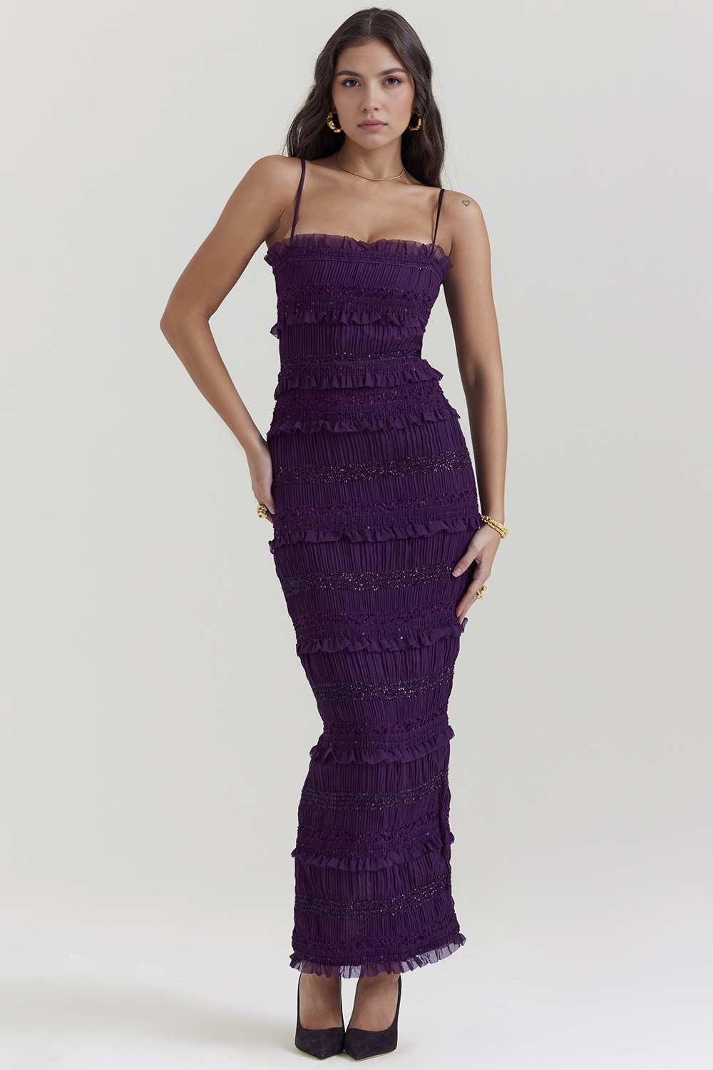 SOLARA | Vestido Maxi de Lentejuelas con Volantes