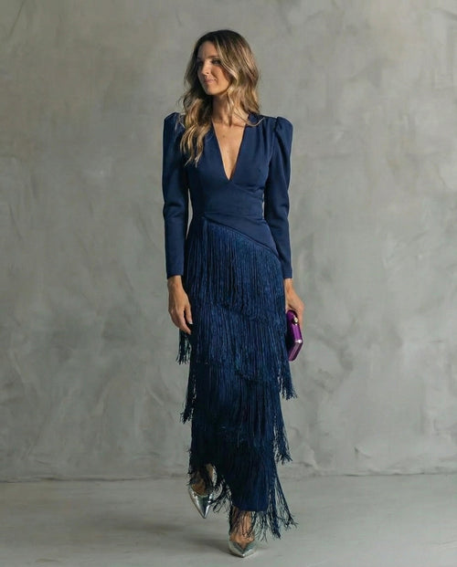 Alessia - Vestido midi elegante con mangas de flecos