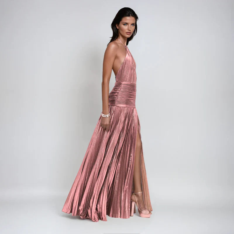 Emma - Vestido halter con espalda descubierta metalizado